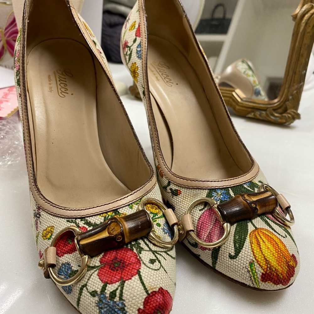 Gucci Floral Canvas Heels with Gold Accents
